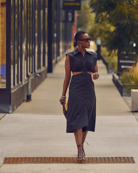Farotelle wearing Banana Republic black midi cutout dress with sunglasses and Nine West lace-up sandals as Casual Spring/Summer Dress Outfit Datenight Style.