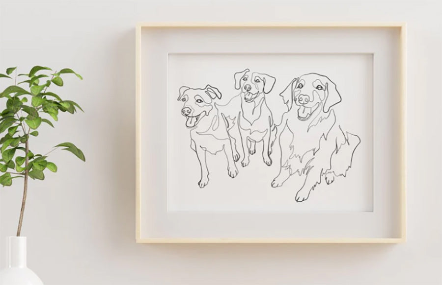 single line dog portrait framed on wall