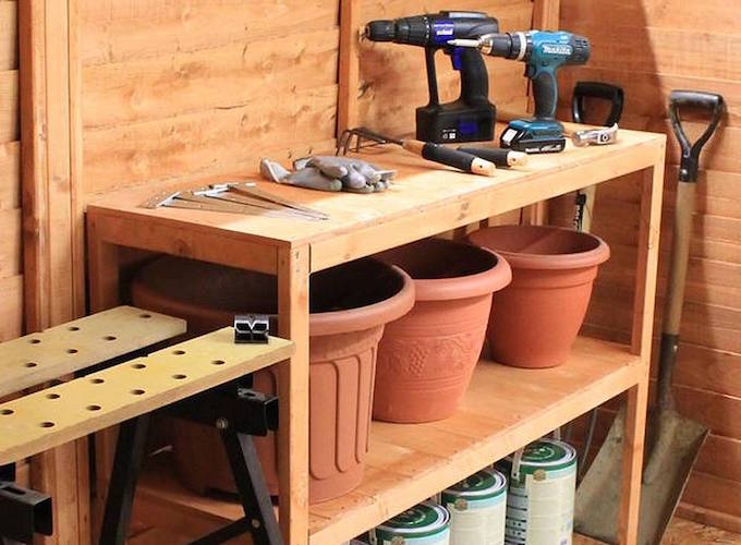 Double tier wooden shed storage shelving