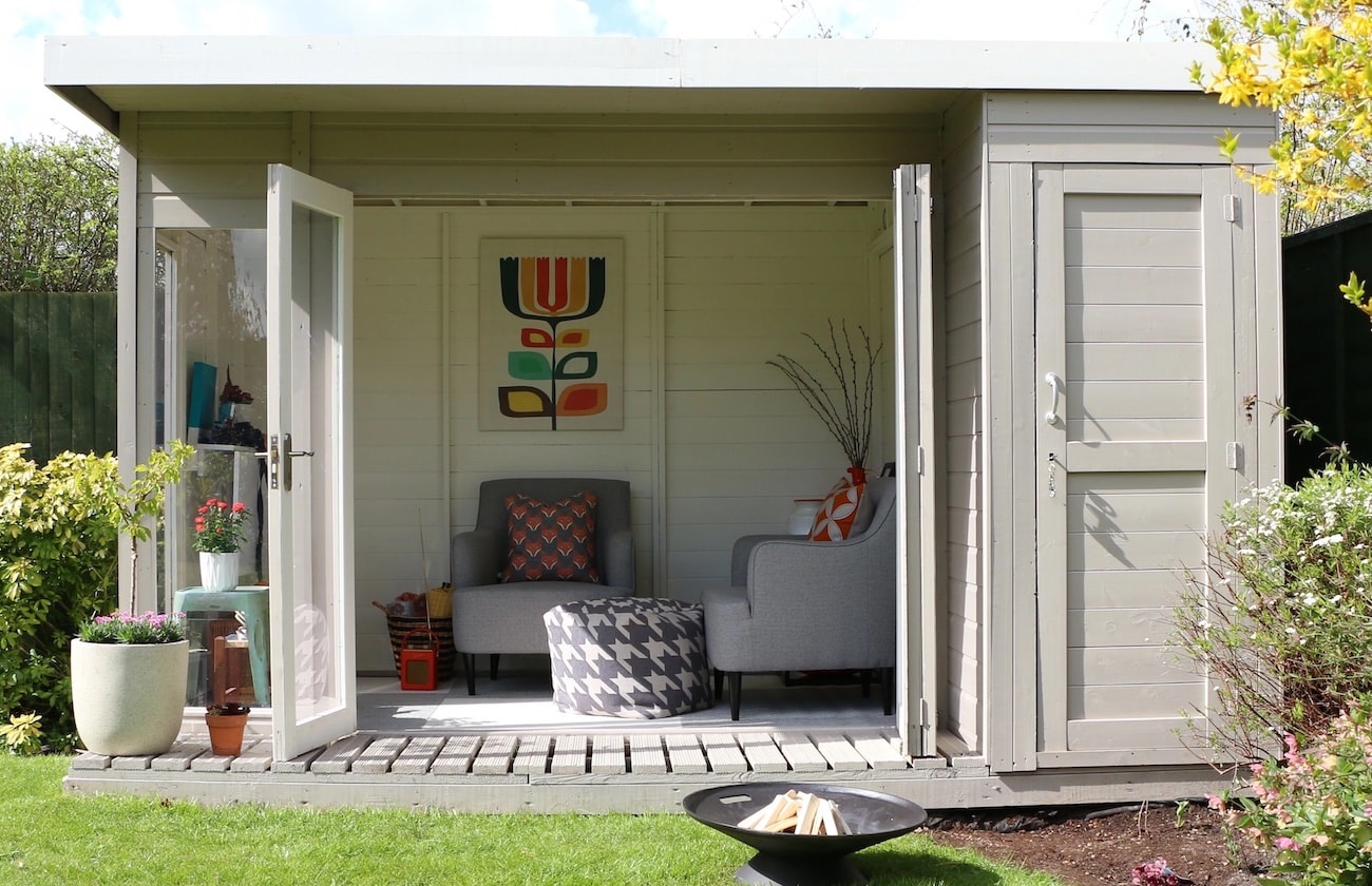 Front view of grey 10 x 8 Contemporary Summer House with Side Shed from Waltons