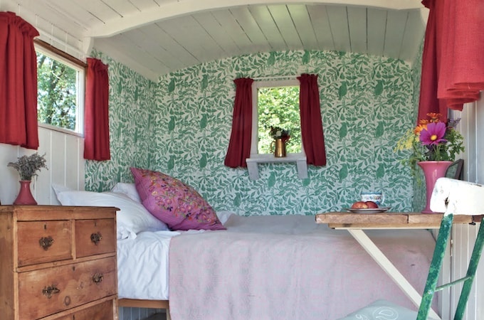 Rustic shed interior with bedding