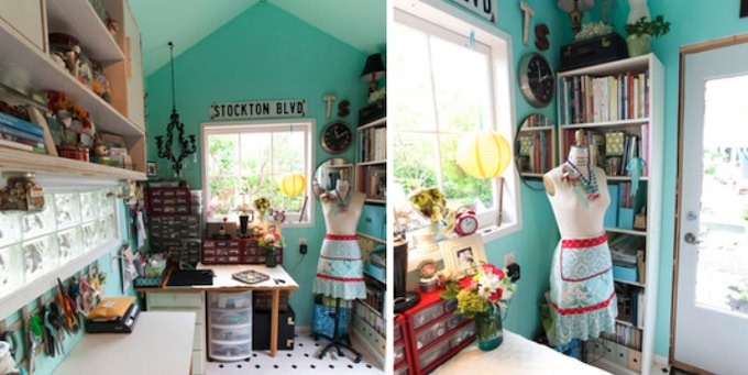 Two images of a blue arts and craft studio in a shed