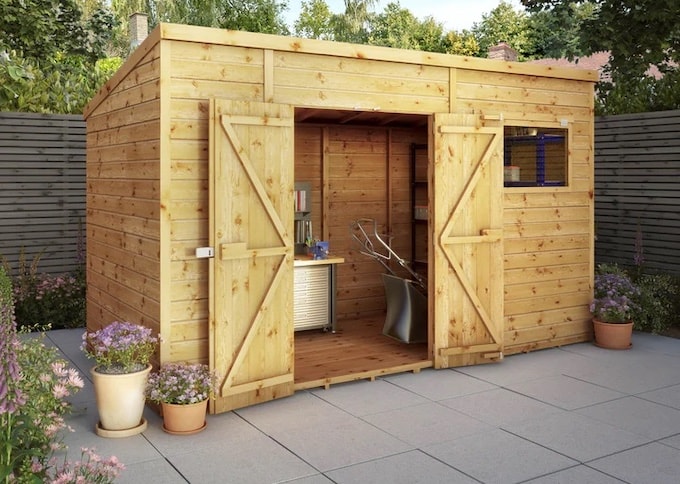 12 x 6 pent shed workshop with door open