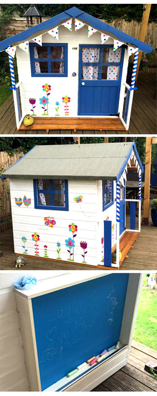 blue and white wooden playhouse with bunting photo collage