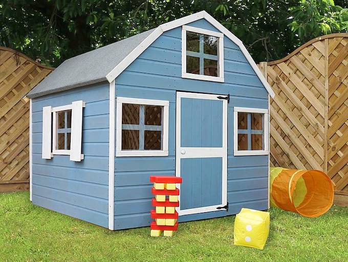 Blue 6x6 Dutch Barn playhouse with white window and door frame