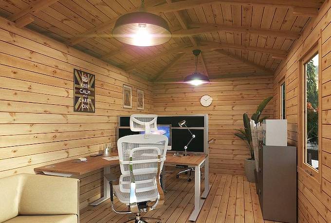 Interior of a Waltons Hemlock Left Sided Corner Log Cabin turned into a office