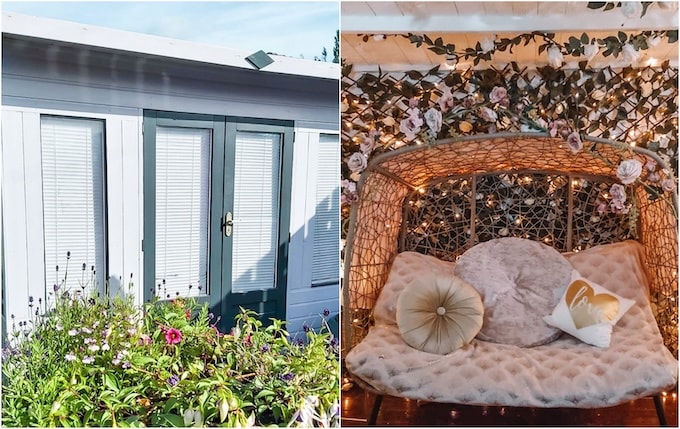 Grey and black painted summerhouse with floral decorated interior