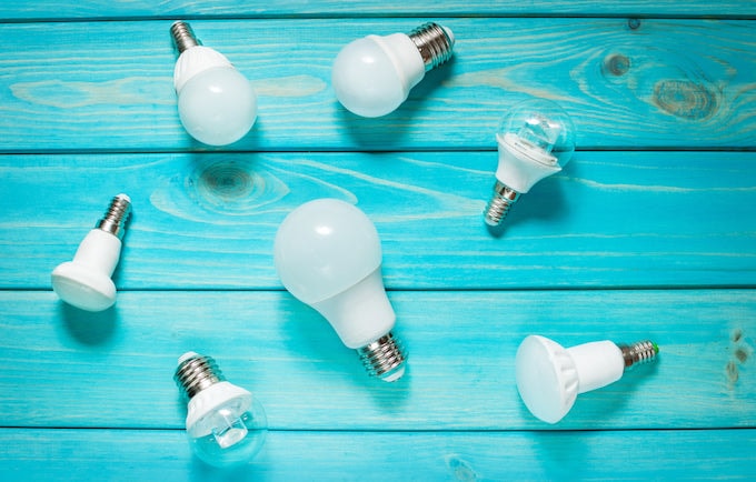 LED lights against blue wooden table