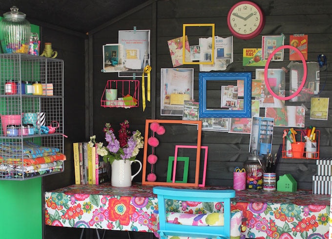 Black and colourful painted shed - Sophie robinson craft shed