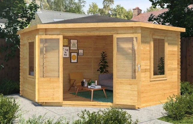 Corner wooden log cabin from Waltons with doors open