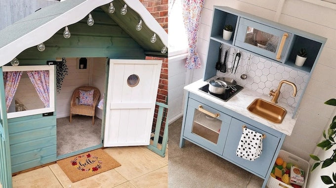 Two images of exterior and interior shots of green Waltons playhouse with play kitchen