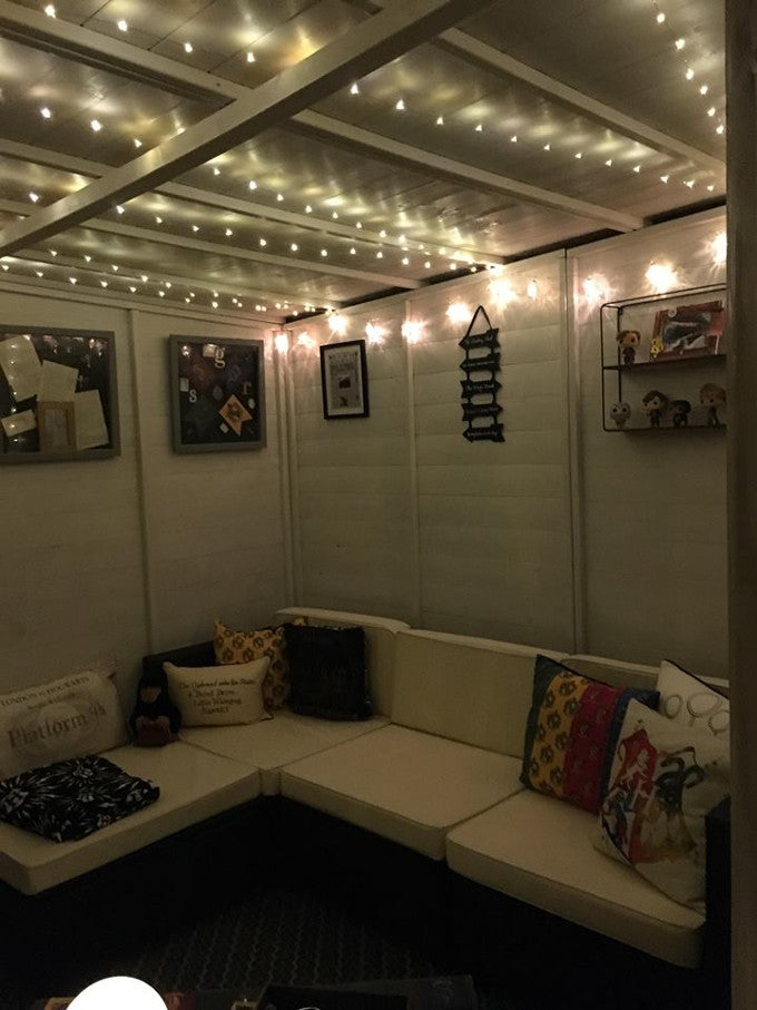 Fairy lights threaded on ceiling of Harry Potter summer house