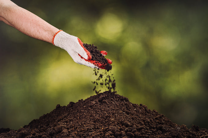 hand pouring down black fertiliser/soil onto a pile