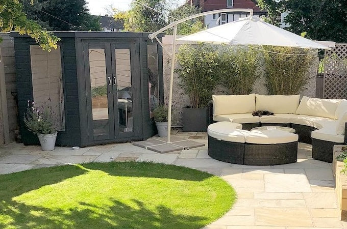 Waltons blog - garden exterior overview with black painted summerhouse