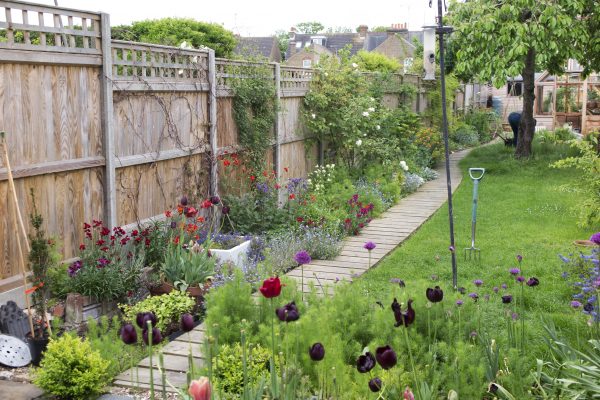 Long garden with bleached wooden garden path