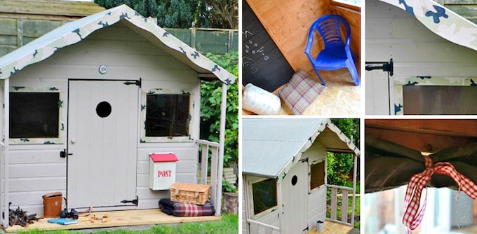 Grey wooden painted playhouse with camouflage photos