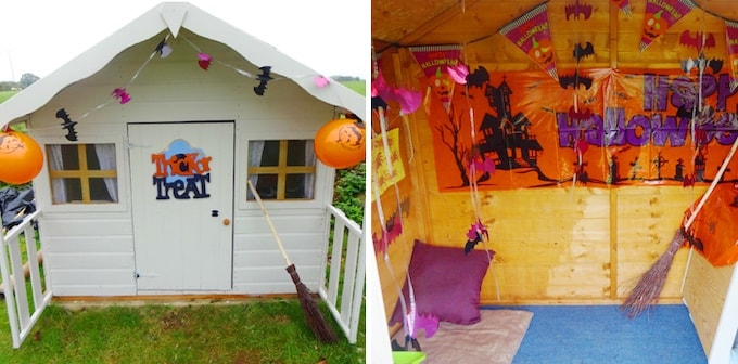Two images of Halloween themed playhouse - interior and exterior photos