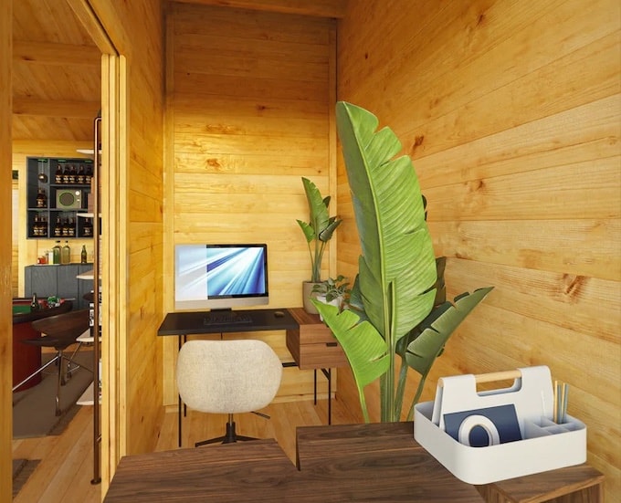 Home office built inside a log cabin