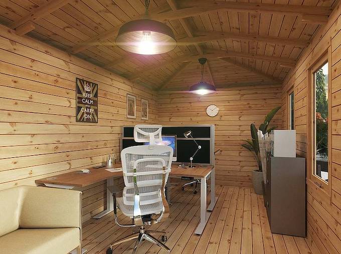 Interior of log cabin turned into home office