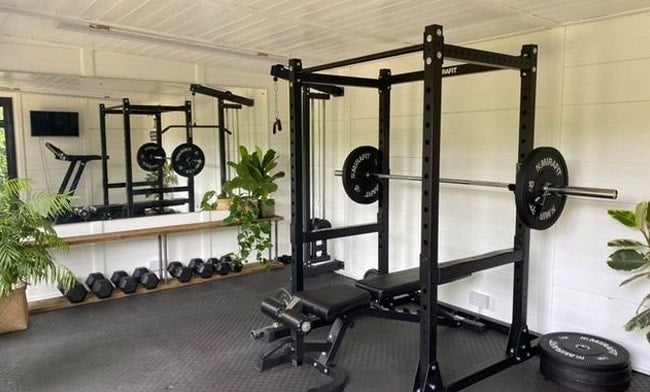 Weight rack in Jo's insulated garden room home gym
