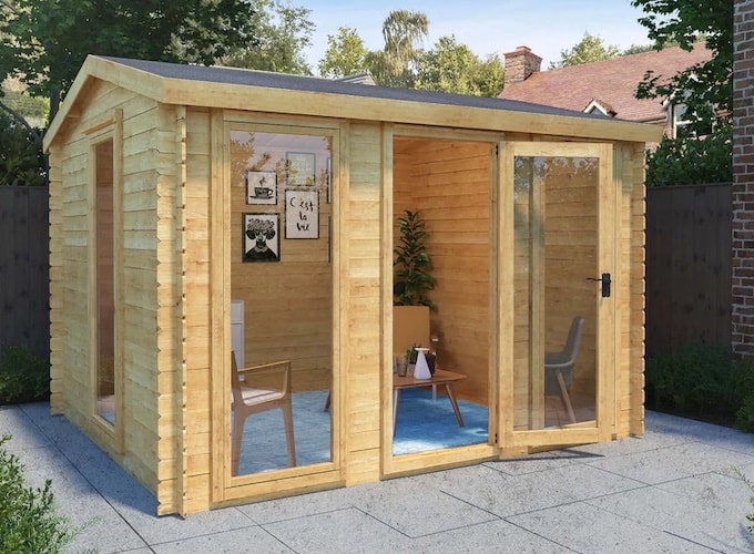 Log cabin with floor to ceiling windows