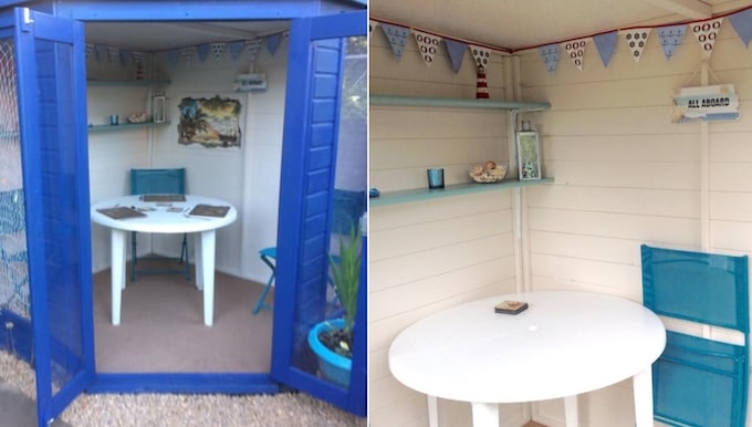 Blue painted summerhouse with interior nautical theme