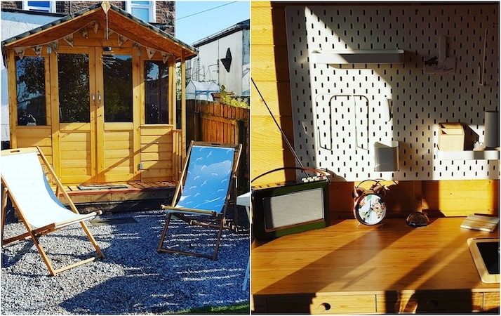 Two images of wooden summerhouse with interior view of desk