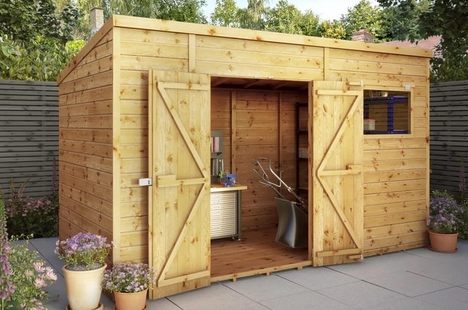 Pent shiplap wooden shed with double doors