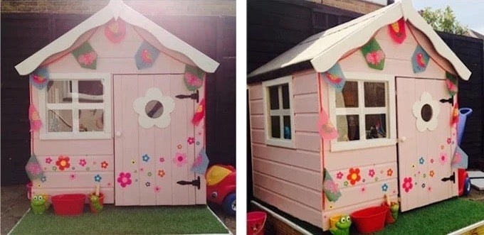 Two pink Waltons playhouse images with butterfly decal and bunting