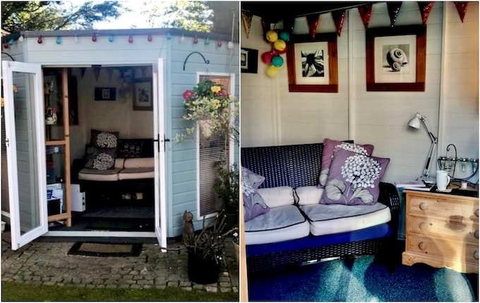 Two images of summerhouses - one blue painted summerhouse exterior and decorated interior