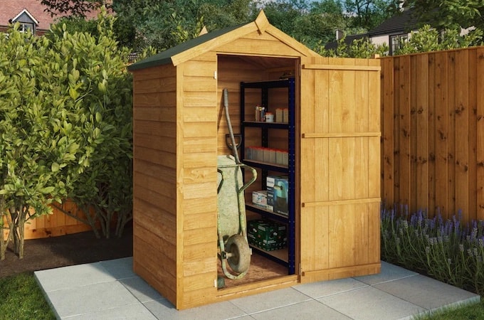 Small Waltons wooden shed with door open