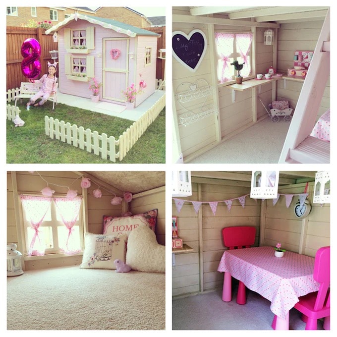 Four images of a decorated Snowdrop playhouse with interior and exterior photos