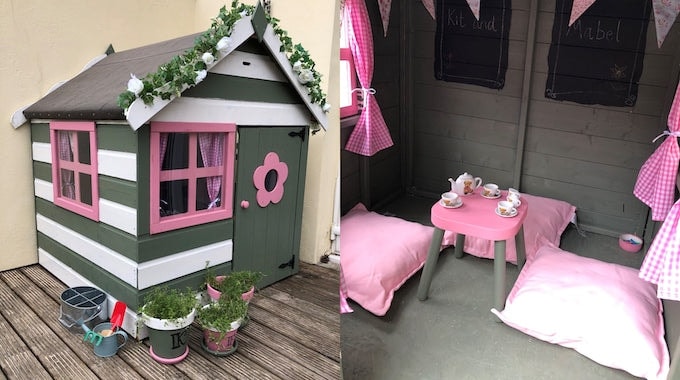 Pink, white and green tricolour painted Waltons playhouse with interior image