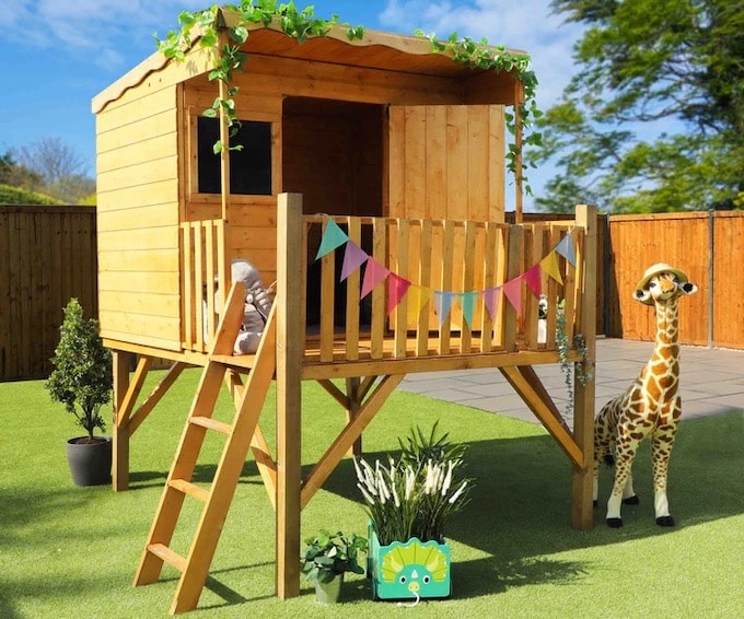 Waltons Dahlia wooden playhouse with ladder, colourful bunting and toys