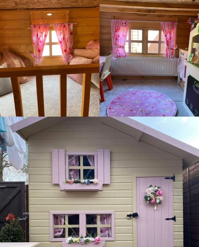 Trio images of cream and pink playhouse with upper level relaxation zone