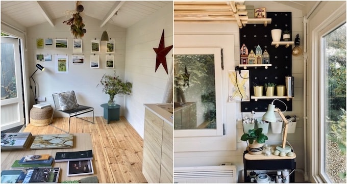 Two side by side images of interior of a garden office