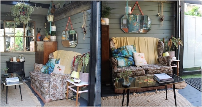 Two side by side images of Joanna Thornhill's garden office