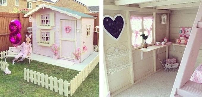 Two images of pink and cream two storey Waltons playhouse with interior images
