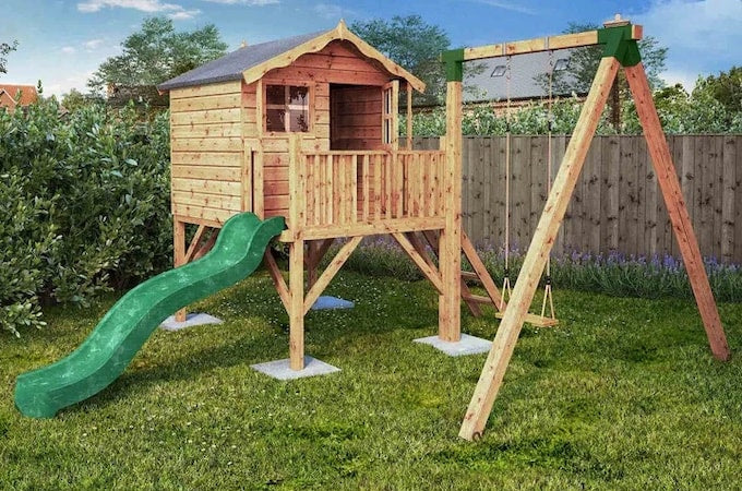 Unpainted Waltons tower playhouse and activity centre with green plastic slide