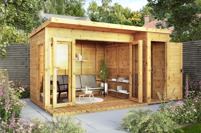 Unpainted Waltons summerhouse with side shed