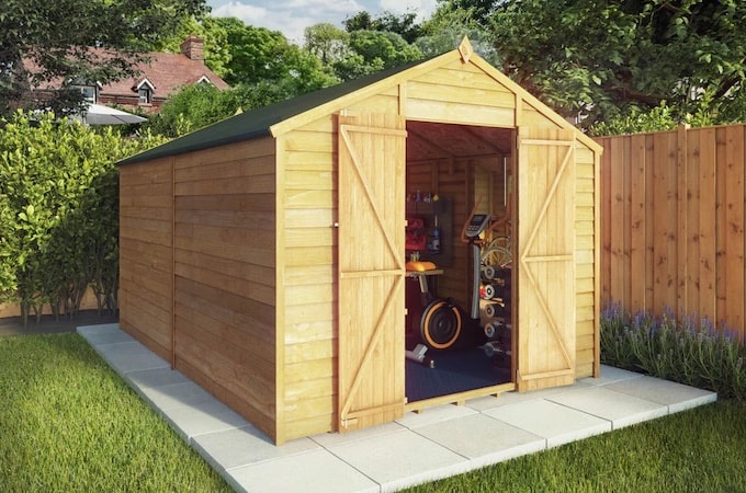 Wooden shed with double doors open