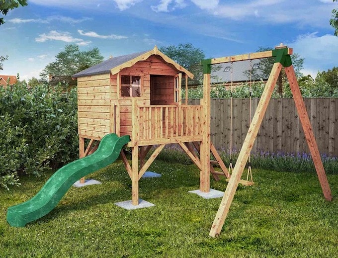 Wooden tower playhouse and activity centre with plastic slide