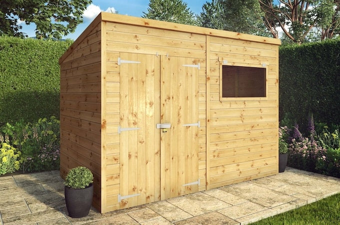 Pent shed from Waltons with doors closed in garden setting