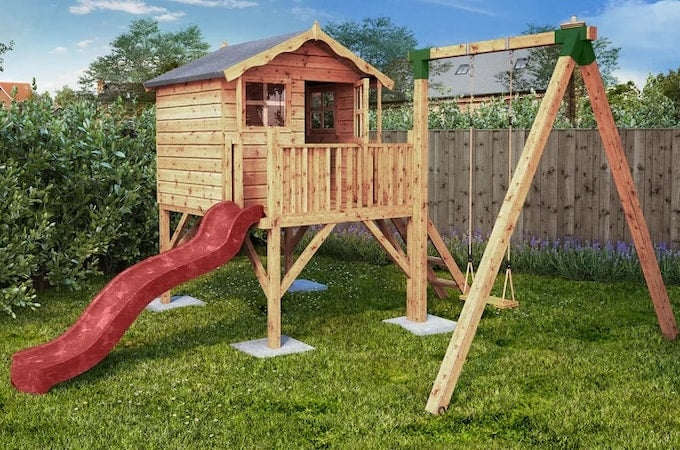 Wooden tower playhouse with slide and swings