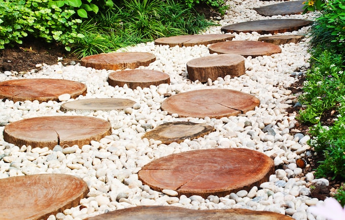 Wooden and stone pathway in garden