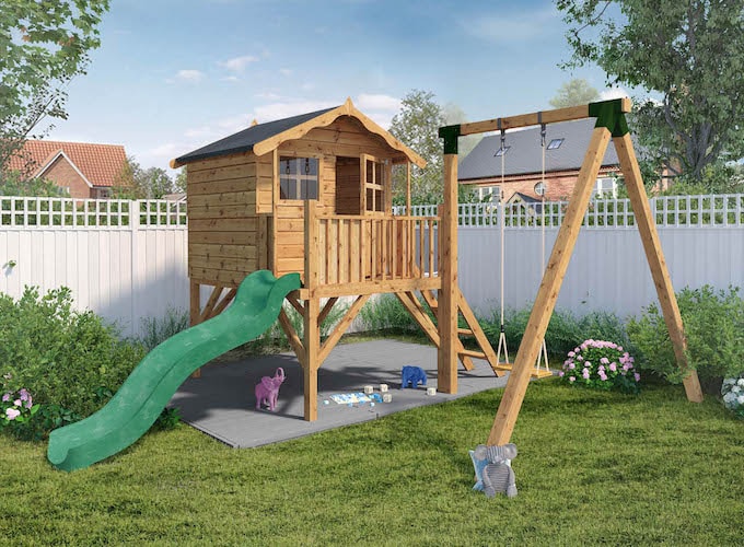 Wooden Waltons tower playhouse set with slide and swing-set
