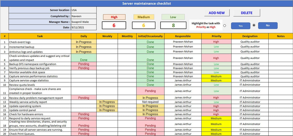 Server Maintenance Checklist, MS Excel