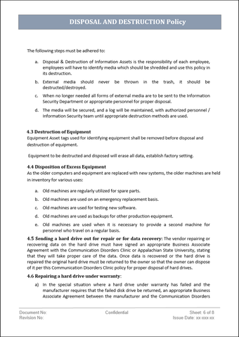 Disposal and destruction, Disposal and destruction policy