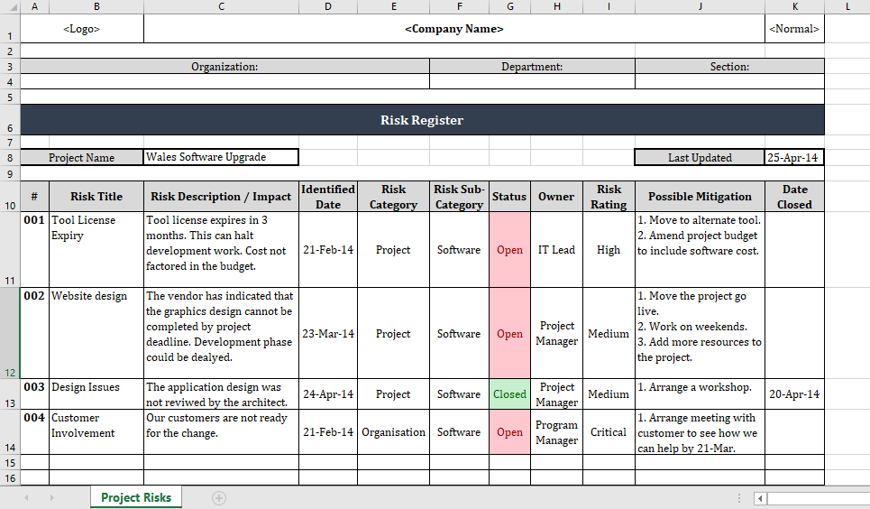 Risk Register Excel Template Itsm Docs Itsm Documents And Templates