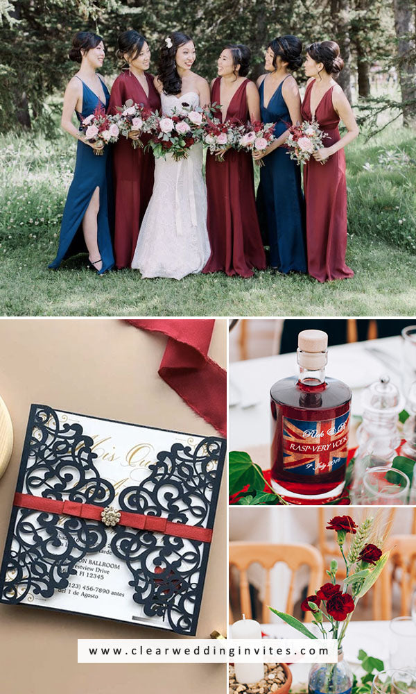 Navy and Wine Red casual or super formal wedding ideas and invitations